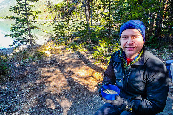 Shawn eating breakfast at the Glacier Lake Campground.