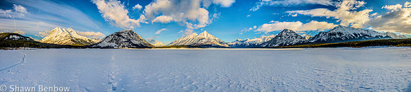 Panoramic View looking north across the Spray Lakes Reservoir from near the Mount Shark day use area.