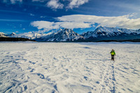 Jenn snowshoeing on the Spray Lakes Reservoir.