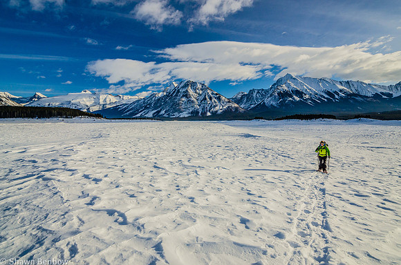 Jenn snowshoeing on the Spray Lakes Reservoir.