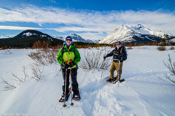 Jenn and Bruce snowshoeing on the Spray Lakes Reservoir.