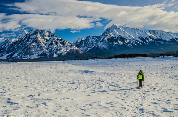 Jenn snowshoeing on the Spray Lakes Reservoir.