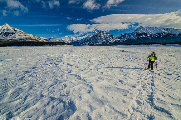 Jenn snowshoeing on the Spray Lakes Reservoir.