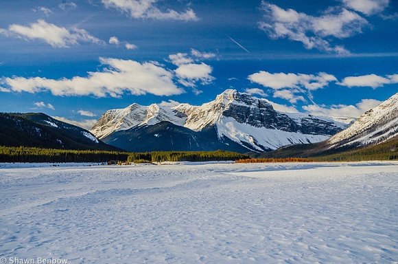 Mount Morrison [2760m] and Mount Turner [2813m] to the southwest from the Spray Lakes Reservoir.