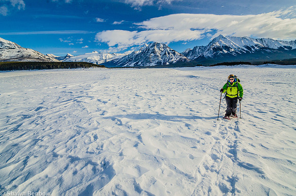 Jenn snowshoeing on the Spray Lakes Reservoir.