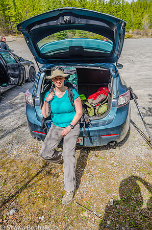 Jenn at the Glacier Lake Trailhead, getting her pack ready.