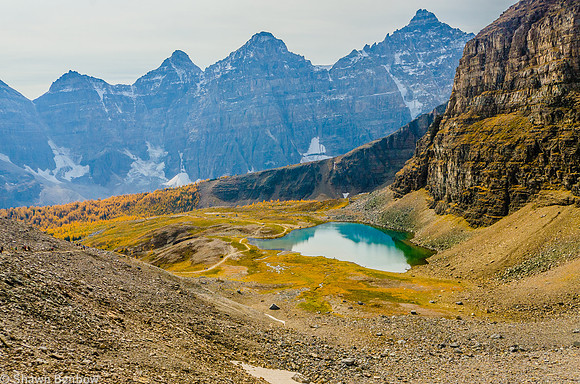 Second Minnestimma Lake in the Larch Valley, Eiffel Ridge is immediately behind, and the Wenkchemna Peaks form a wall in the distance