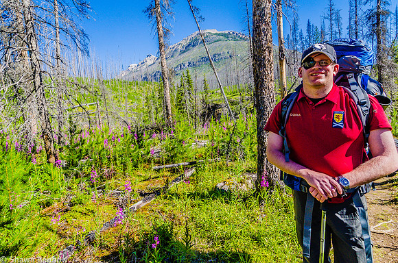 Mark on the trail to the Paint Pots, in the 2003 burned area.