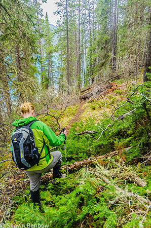 Jenn balancing on some fresh avalanche debris on the Glacier Lake Trail.