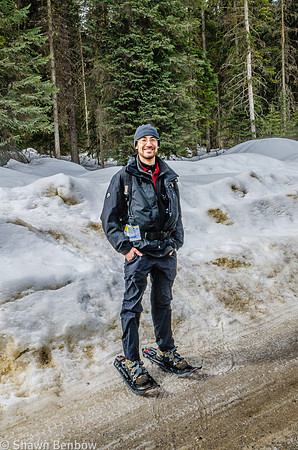 Andrew with his snowshoes on, waiting at the Emerald Lake parking lot.