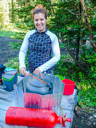 Christina making breakfast at Helmet Falls Campground.