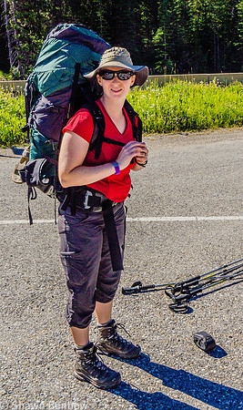Jenn with her pack, almost ready to go.