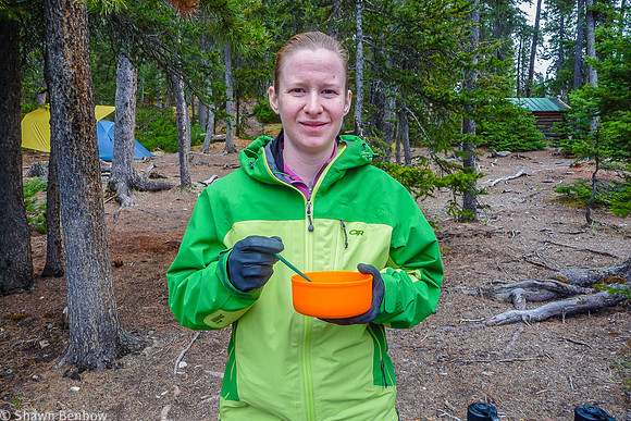Jenn enjoying breakfast at the Glacier Lake Campground.