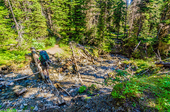 Jenn crossing a small tributary to Tumbling Creek.