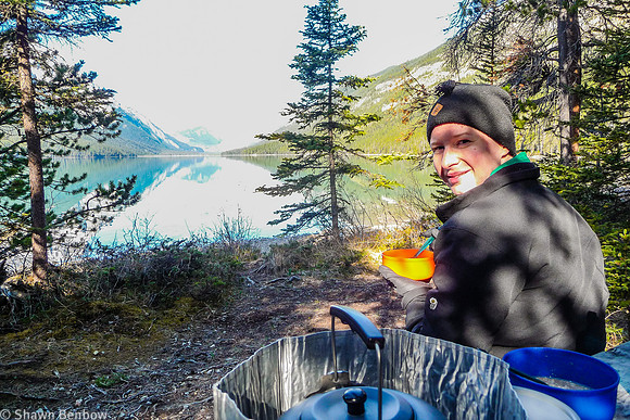 Jenn eating breakfast at the Glacier Lake Campground.