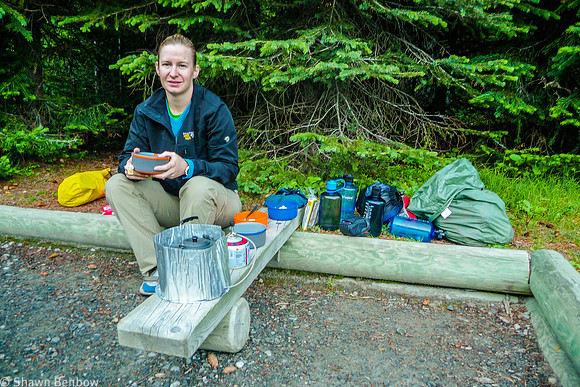 Jenn drinking tea at breakfast at Tumbling Creek Campground.