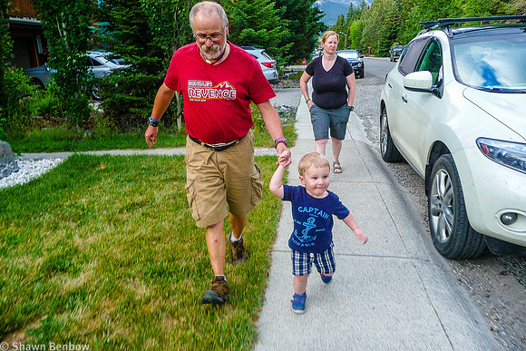 Uncle Bruce, James, and Jenn going for a walk in Canmore.