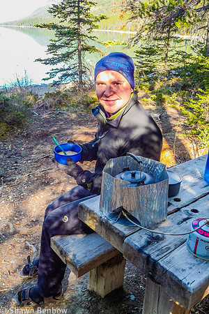 Shawn eating breakfast at the Glacier Lake Campground.