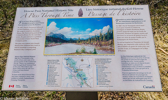 Information sign about the Howse Pass National Historic Site at the Glacier Lake Trailhead.